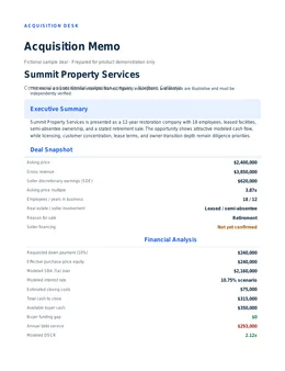Page 1 of the fictional acquisition memo: deal summary and financial analysis.