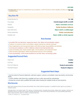 Page 3 of the fictional acquisition memo: risks, pursuit pack, and suggested next steps.